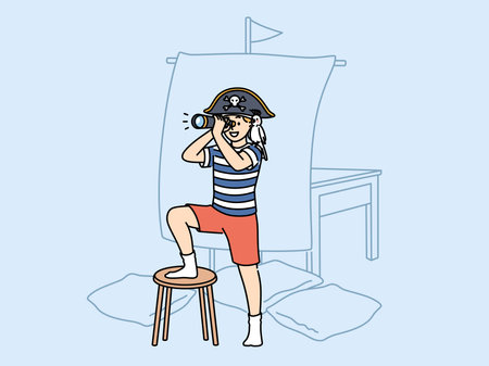 Boy plays pirate holding spyglass and standing near ship mast made sheet and imagining sea voyageのイラスト素材