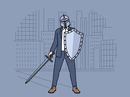 Business man with knight shield preparing for battle, concept corporate wars between competitorsのイラスト素材