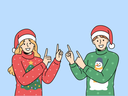 Man and woman in christmas sweaters point fingers upward to visit new year sale.のイラスト素材