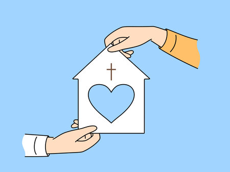 Model of christian church with heart in hand for advertising catholic charitable foundationのイラスト素材