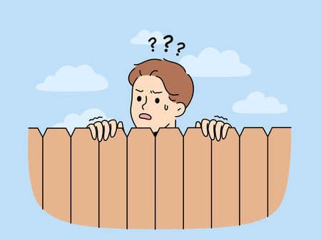 Curious neighbor looks over fence to find out what is happening on street or to spyのイラスト素材