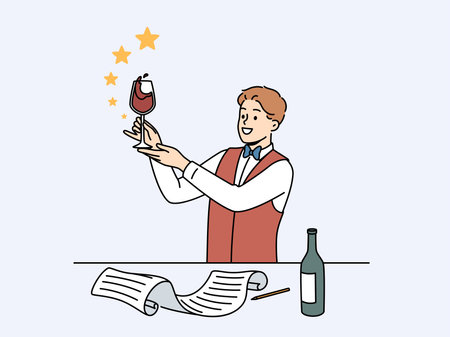 Man sommelier holds glass red wine and evaluates taste of noble alcoholic drink.のイラスト素材