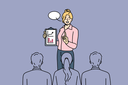 Successful business woman speaks at presentation showing clipboard with growing financial graphsのイラスト素材