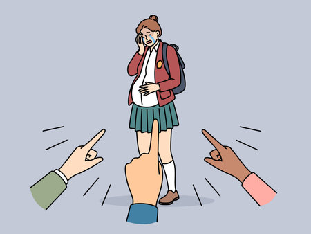 Pregnant teenage girl stands among hands of angry people criticizing schoolgirl.のイラスト素材