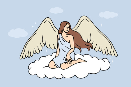 Woman angel with large wings sits on flying cloud in heaven, symbolizing innocence and purityのイラスト素材