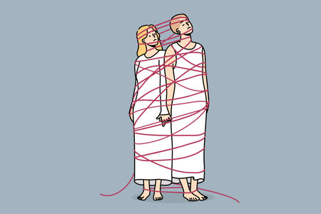 Two sad women tied with rope hold hands demonstrating personal affection and shared problemsのイラスト素材