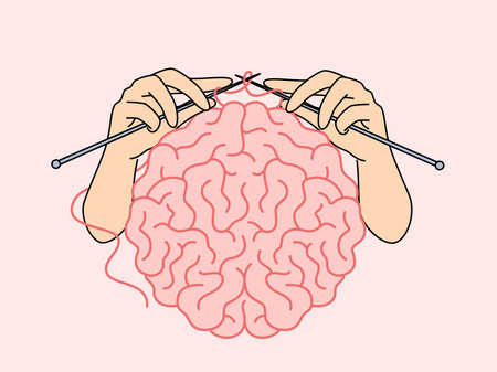 Human brain and hands with knitting needles, as metaphor for intellectual developmentのイラスト素材