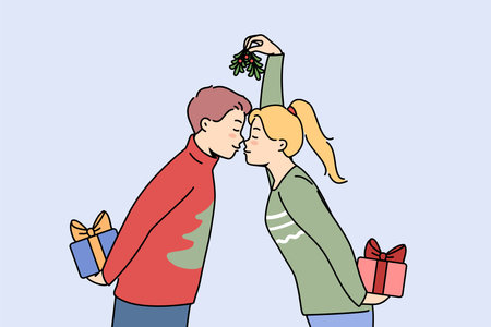 Christmas couple with gift boxes kisses and holds fir cones in hands and exchange new year presentsのイラスト素材