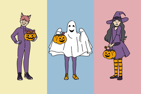 Cheerful kids in halloween outfits invite to go for treats and hold pumpkins in handsのイラスト素材