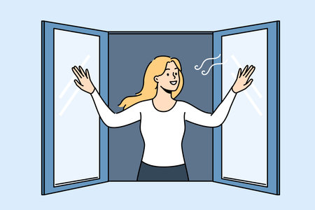 Woman opens window enjoying fresh air coming from street in house, and smilingly looks at passers-byのイラスト素材
