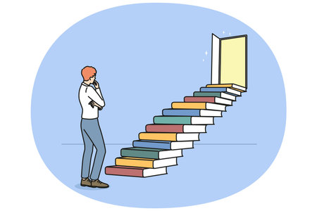 Man standing near stairs made of booksのイラスト素材