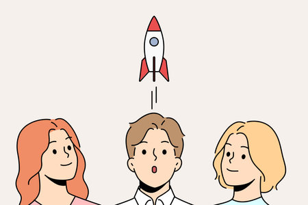 Team of people is working on launch and marketing support of business, looking at taking off rocketのイラスト素材