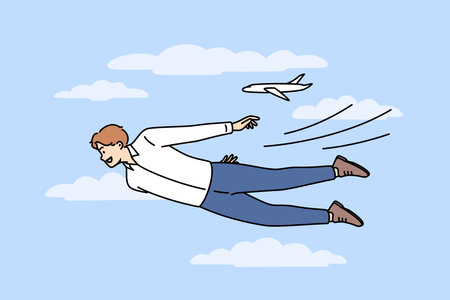 Man flies in sky, going on business travel and striving for leadership on corporate career ladderのイラスト素材