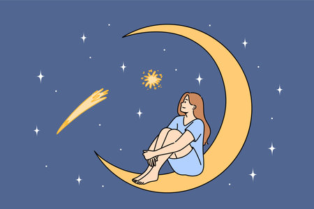 Woman admires starry sky, sitting on crescent and making secret wish during starfallのイラスト素材