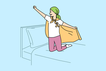 Child with oncology disease stands on bed in superhero pose, for concept day against cancerのイラスト素材