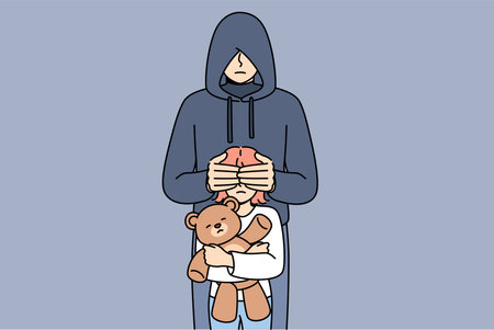 Maniac closes eyes little girl with children toy, for public service announcement against pedophiliaのイラスト素材
