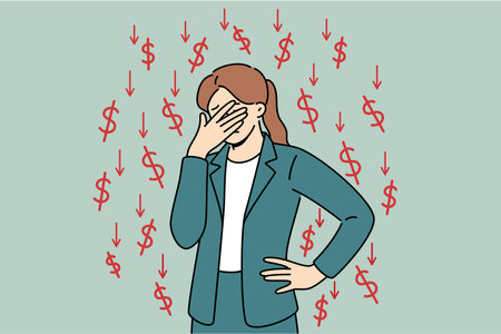 Businesswoman who is victim of financial crisis covers eyes with hand, standing among dollar signsのイラスト素材