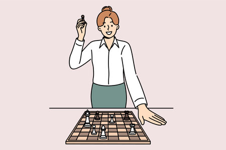 Business woman stands near chessboard, talking about importance of strategic planning and skillsのイラスト素材