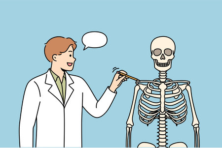 Man teacher at medical college, talks about structure of human skeleton, and teaches future doctorsのイラスト素材