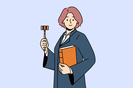 Woman judge with wooden claw and constitution in hands is ready to announce fair legal decisionのイラスト素材