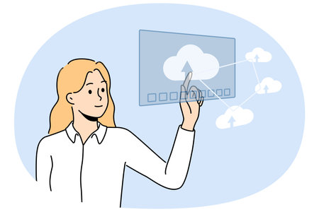 Smiling businesswoman work with cloud computer systemのイラスト素材