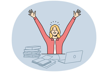 Overjoyed woman excited with finish task on laptopのイラスト素材