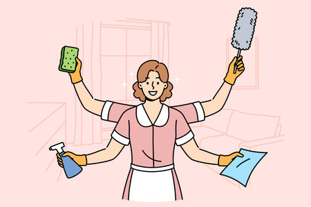 Woman maid is ready to clean apartment, working in multitasking mode thanks to presence four handsのイラスト素材