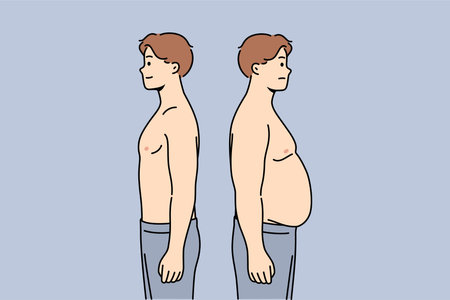 Thin and fat men stand side by side demonstrating changes in figures after eating fast foodのイラスト素材
