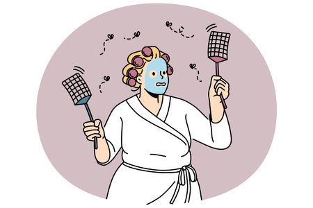 Funny woman in bathrobe chasing flies with swattersのイラスト素材