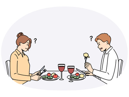 Confused couple dislike food in restaurantのイラスト素材