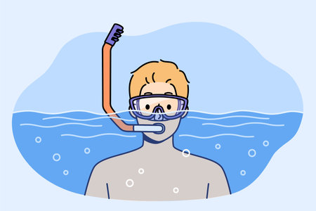 Man swims in pool with goggles and snorkel for breathing underwater during summer holiday at resortのイラスト素材