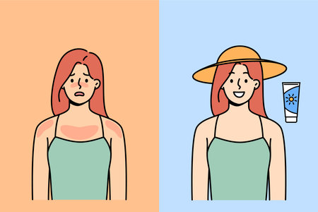 Woman with sunburn smiles after using sunscreen to protect from ultraviolet lightのイラスト素材