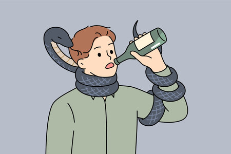 Man drinks beer standing with snake around neck, metaphor for alcohol addiction.のイラスト素材
