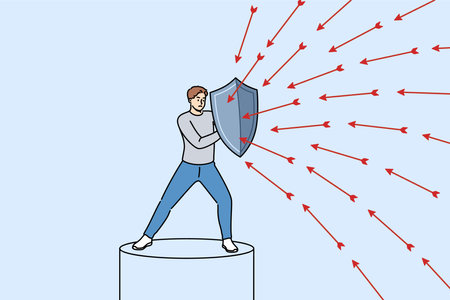 Brave man defends himself from problems using shield to deflect flying arrows from enemiesのイラスト素材