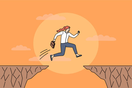 Business woman boldly performs challenge of jumping over abyss to achieve professional goalのイラスト素材