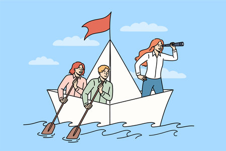 Woman crisis manager leads team during storm, standing on paper ship and holding shameful trumpetのイラスト素材
