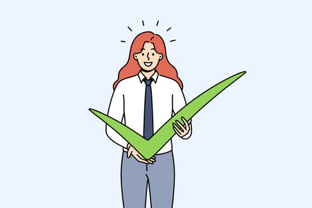 Business woman shows check mark as sign confirmation of plans for cooperation or completion projectのイラスト素材