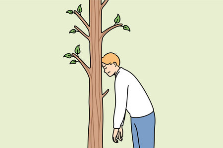 Tired man rests forehead on tree to rest after long walk in fresh air, stands alone in forestのイラスト素材