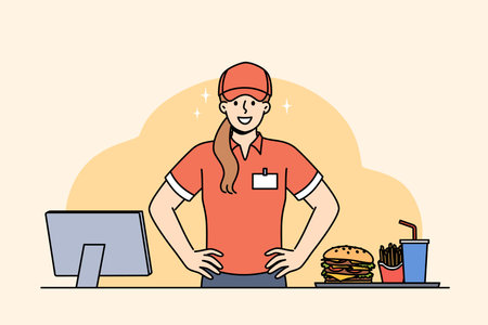 Woman fast food cafe worker stands near cash register with monitor and tray with burger and drinksのイラスト素材