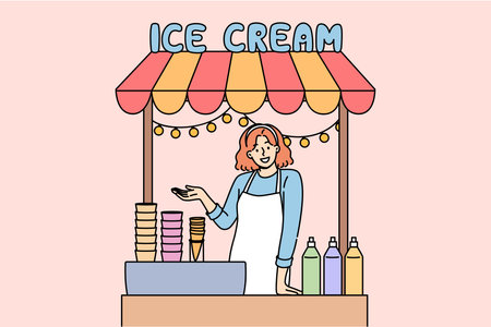 Woman sells ice cream in street stall and makes gesture inviting you to try cold dessertのイラスト素材