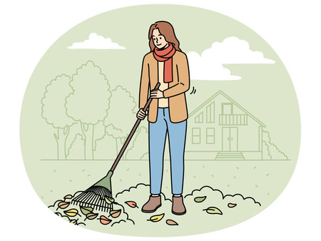 Woman with rake sweeping leaves in autumnのイラスト素材