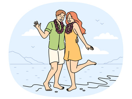 Smiling couple enjoy summer tropical vacationのイラスト素材