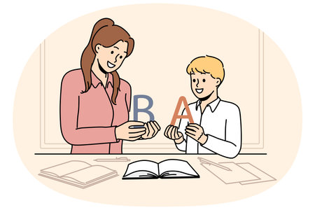 Back to school concept with boy learning alphabet along with elementary school teacherのイラスト素材