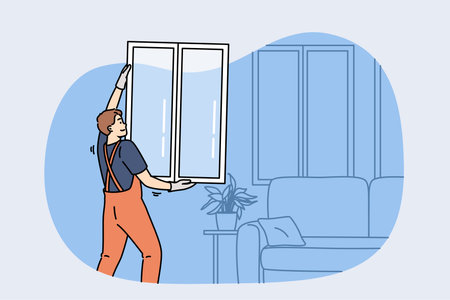 Man master changing window in apartment, holding casement in hands standing near sofaのイラスト素材