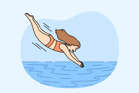 Little girl dives into pool to swim in water or enjoy swim in sea to cool off from hot sunのイラスト素材