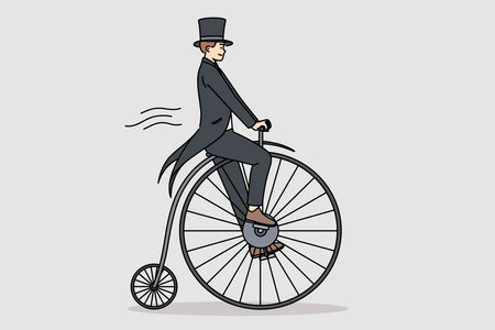 Man in tailcoat rides vintage penny farthing bicycle, imagining time travel to last centuryのイラスト素材
