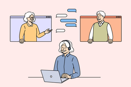 Elderly people participate in online negotiations, using laptop or looking out computer windowsのイラスト素材