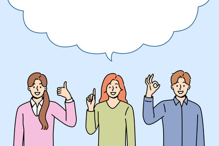 Business people make joint statement after discussion, standing under large dialogue cloudのイラスト素材