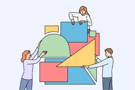 Business people put together puzzle in attempt to build reliable company that brings good profitsのイラスト素材
