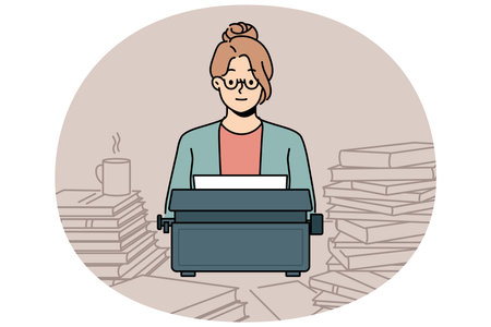 Woman with old typewriter sits at table with books, works as poet in literary magazineのイラスト素材